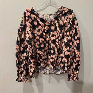 BiBi Black Floral Button-Front Crop Top with Peach Blooms